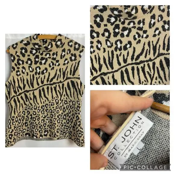 St. John Collection By Mary Gray Animal Print Turtleneck Top Size L - Picture 1 of 10